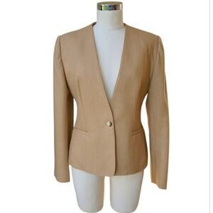 Vintage Evan Picone Wool Single Breasted No-Collar Blazer Size 12 Tan Preppy